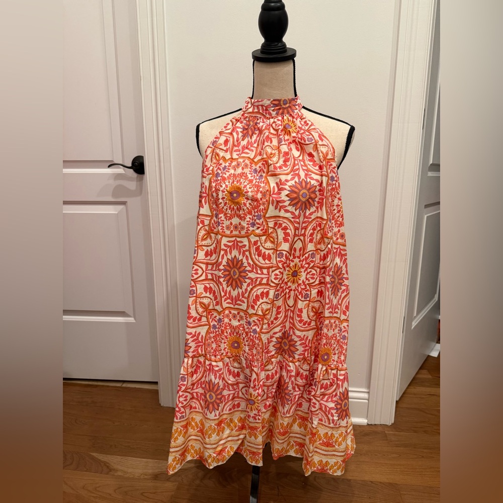 Olivaceous Orange and White Halter Mini Sundress